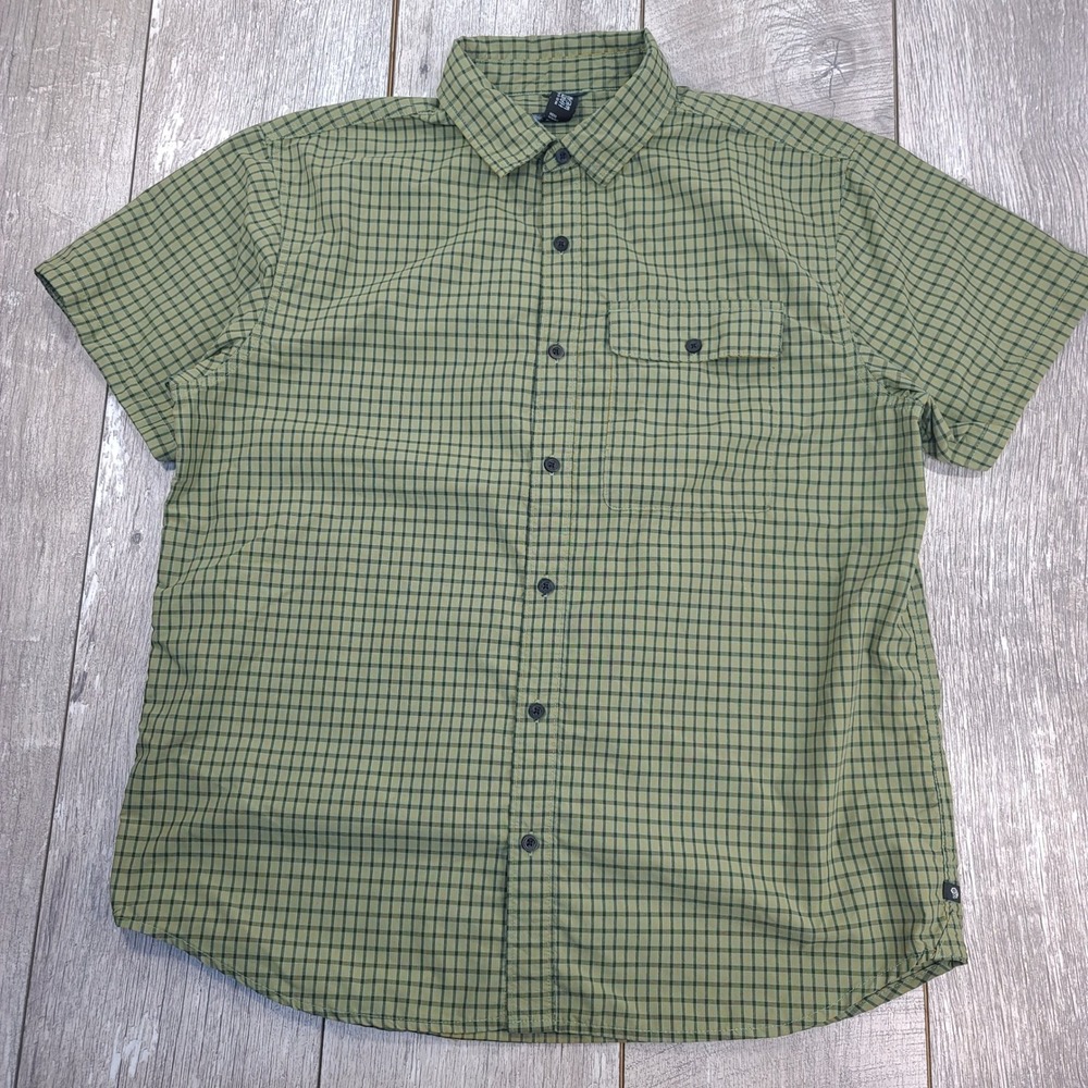 Mountain Hardwear Shirt Mens Large Green Plaid Short Sleeve Hiking Outdoor
